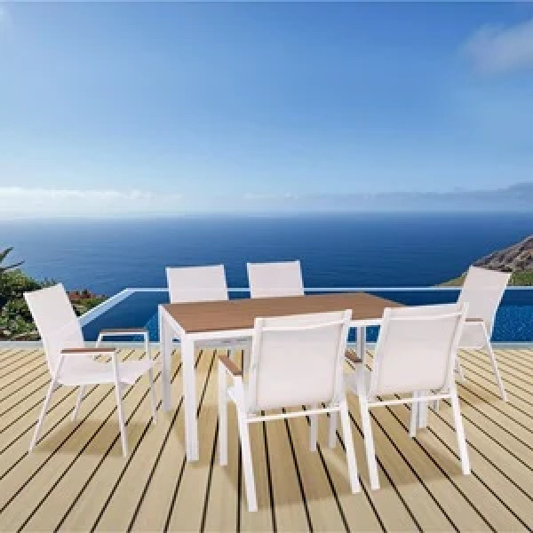 VIRNA Set Τραπεζαρία: Τραπέζι + 6 Πολυθρόνες, Μέταλλο Βαφή Άσπρο, Polywood Φυσικό ΔΙΑΣΤΑΣΕΙΣ Table:150x90x73 Chair:56x63x90